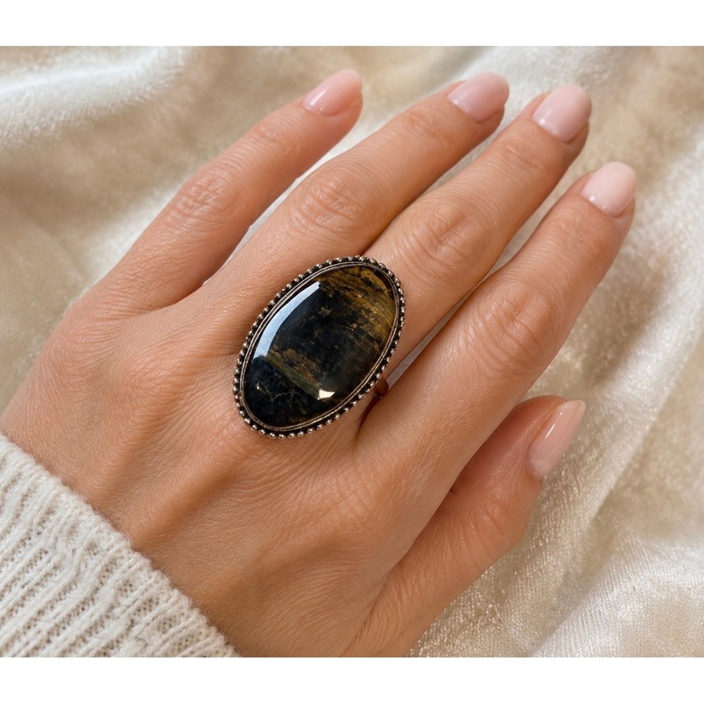 Sterling Silver Plated Pietersite Ring Size 9 Oval Cabochon Beaded Women's